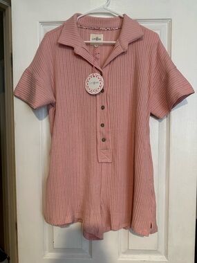 Umgee Dusty Rose Ribbed Button-Front Polo top Romper